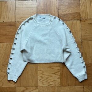 Zara White Cropped Sweater with Open Embellished Sleeves